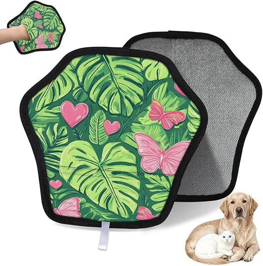 Reusable Pet Hair Removal Glove Butterfly Palm Leaves Magic Brush for Cat & Dog Hair Remover for Car, Sofa, Bedding, Clothes - 9x9 Mitt Washable