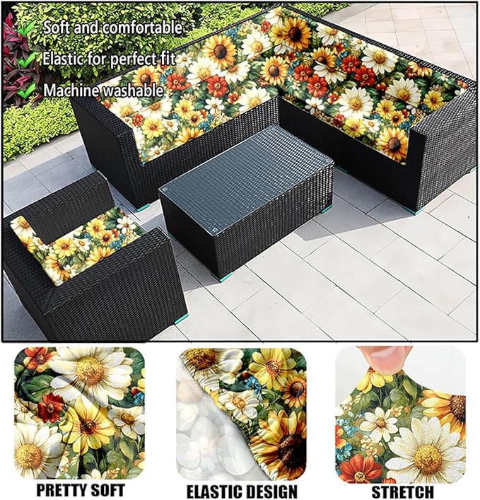HANDONTIME 8Pcs Outdoor Patio Cushion Covers Sunflower Triangle Stretch Couch Cushion Cover Patio Couch Slipcover for Outdoor/Indoor Washable Non-Slip Furniture Protector for Pet (Multi,Cover Only)