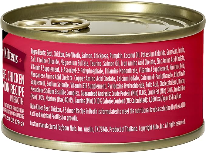 Nulo Paté with Shreds Beef, Chicken & Salmon Recipe for Kittens, 2.8 oz can, Case of 12