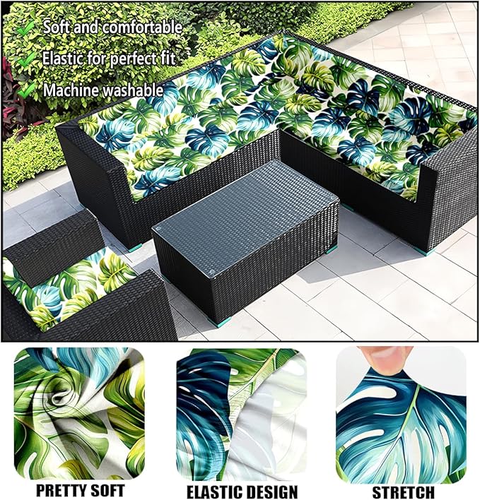 HANDONTIME 8Pcs Outdoor Patio Cushion Covers Green Leaves Stretch Couch Cushion Cover Patio Couch Slipcover for Outdoor Washable Non-Slip Furniture Protector for Pet Sofa Cover(Green,Cover Only)