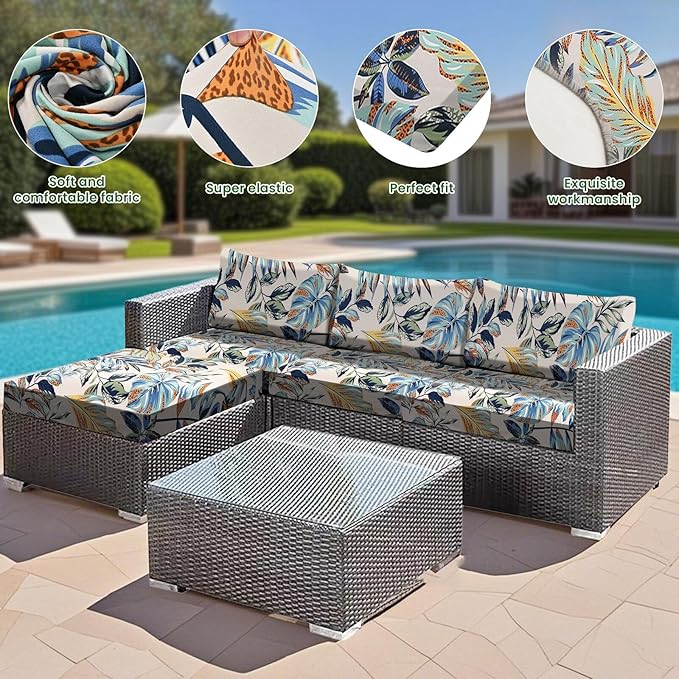 HANDONTIME 8Pcs Outdoor Patio Cushion Covers Leaves Palms Stretch Couch Cushion Cover Patio Couch Slipcover for Outdoor/Indoor Washable Non-Slip Furniture Protector for Pet (Blue, Cover Only)