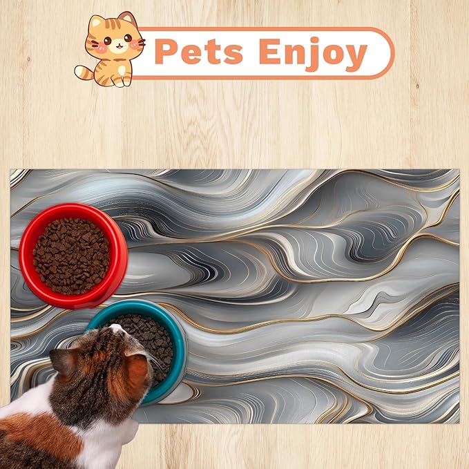 Marble Dog Food Mat for Floors Absorbent, Quick Dry Water Dispenser Mat for Food, Water, Pet Supplies 16" x 24", Grey Gold Abstract