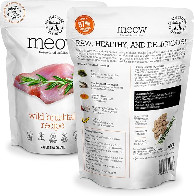 Meow Freeze Dried Raw Cat Food Bundle – Wild Brushtail (1.76 oz) & Wild Venison (1.76 oz), High Protein, Natural Cat Food Topper, Mixer, or Treat