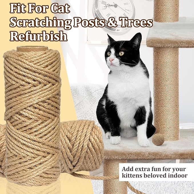 Natural Sisal Rope for Cat Scratcher,1/4 inch,164Ft,Natural Jute Rope for Cat Scratcher Repair and DIY Tree, Recovering, Hemp Twine Rope for Cat Scratching Post Tower Replacement with Chew Toy