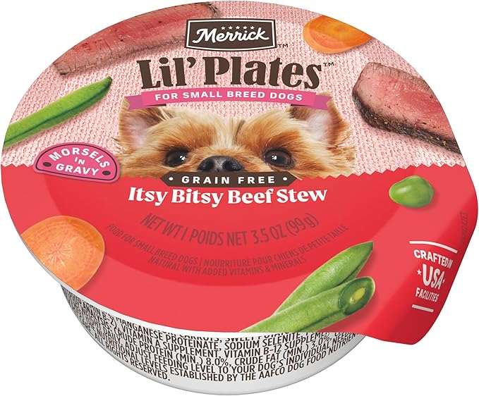 Merrick Lil’ Plates Grain Free And Gluten Free Natural Wet Dog Food For Small Dogs, Soft Itsy Bitsy Beef Stew - (Pack of 12) 3.5 oz. Tubs