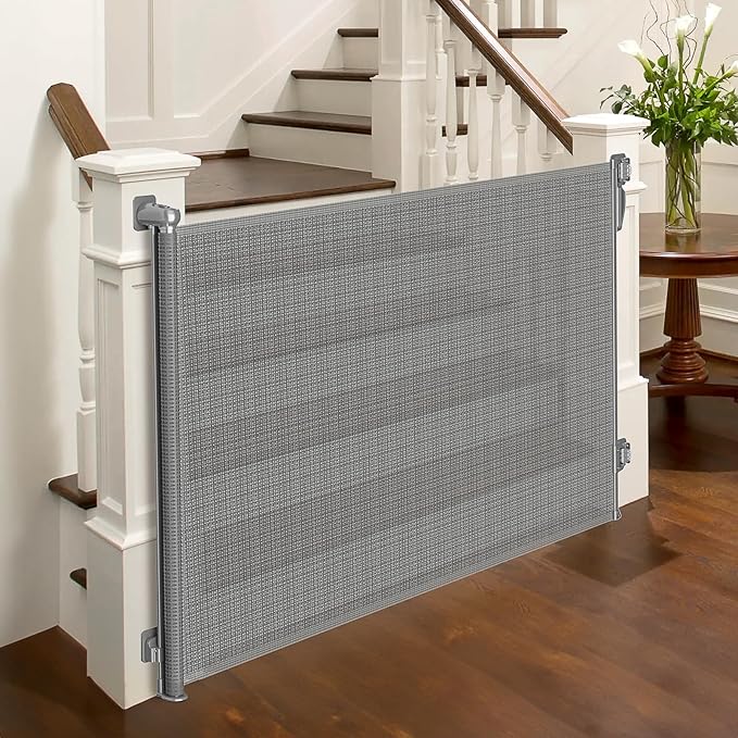 Retractable Baby Gates No Drilling | 54" Wide x 34" Tall Dog Gates for Stairs | Indoor/Outdoor Use | Child Gates for Doorways, Deck, Porch, Hallways, Patio - Gray