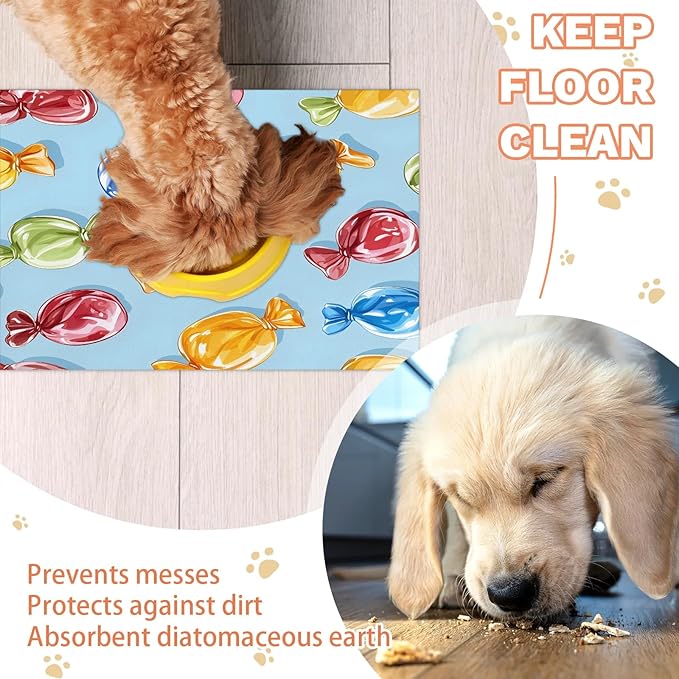 Sugar Candy Dog Food Mat for Floors Absorbent Dog Bowl Mat for Food and Water Dispenser Quick Dry Cat Food Placemat Pet Supplies 12" x 20", Sweet Food