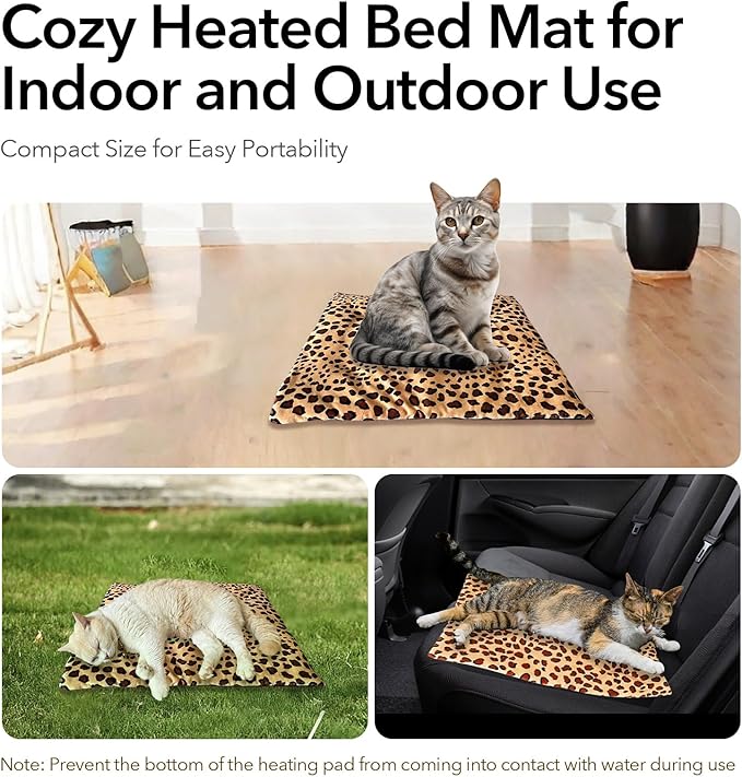 USB Heating Pad for Cat, Small Dog, 5V Safe Heated Pet Mat with 3-Temp, Hand Washable Warming Pad for Indoor Outdoor Use, Powered by Battery Operated Power Bank Car Charger (Leopard Print)