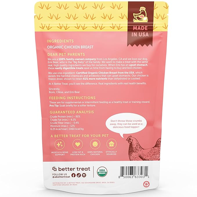 A Better Treat – Organic Freeze Dried Chicken Breast Dog Treats, Organic, Single Ingredient | Natural Healthy High Value | Gluten Free, Grain Free, High Protein, Diabetic Friendly | Made in The USA