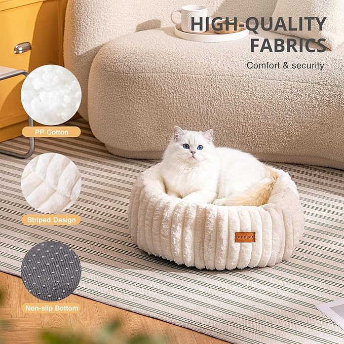Cat Beds, Self Warming Cat Bed, Washable Pet Beds for Indoor Cats, Super Soft Faux Rabbit Fur Pet Bed for Puppy and Kitten with Anti-Slip Bottom (White, 20"x20"x8")
