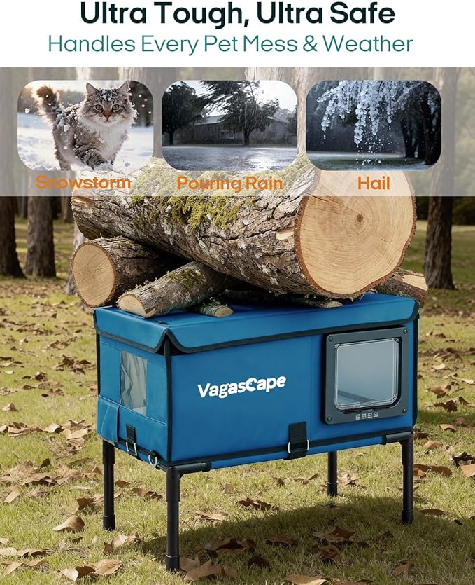 Heated Cat House for Outdoor in Winter, Insulated Weatherproof Cat Shelter with Heating Pad and Safe Escape Door, Waterproof Warm Home for Outside Barn Feral Stray Cat（Blue）