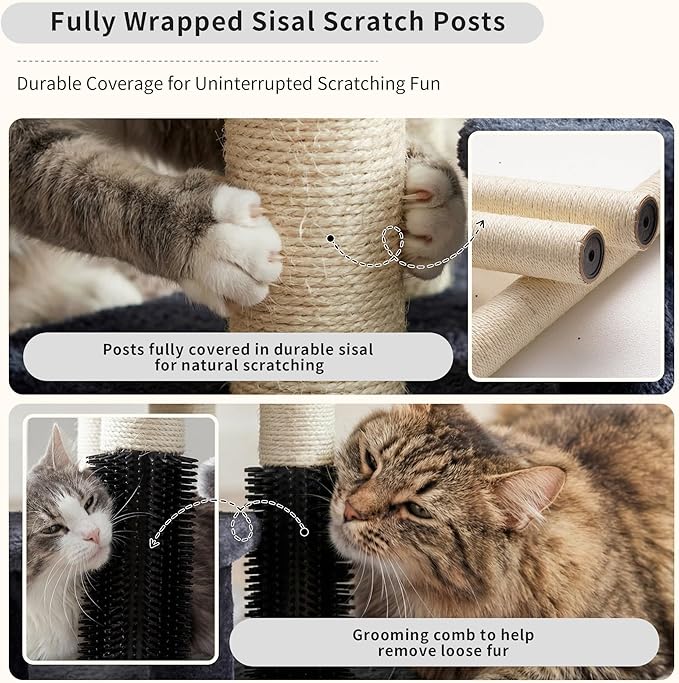 Heybly Cat Scratching Post, Small Cat Tree Tower with 3 Full Sisal Posts, Removable Plush Bed, Grooming Brush, Stable & Space-Saving Cat Furniture with Gentle Step for Indoor Cats, Smoky Gray HSP001SG