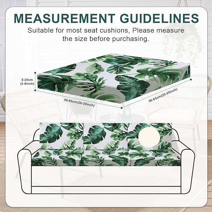 HANDONTIME 8Pcs Outdoor Patio Cushion Covers Green Leaves Stretch Couch Cushion Cover Patio Couch Slipcover for Outdoor/Indoor Washable Non-Slip Furniture Protector for Pet (Tropical Leaf,Cover Only)