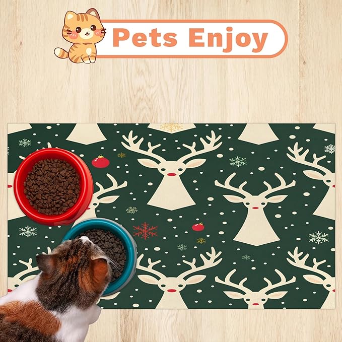 Christmas Deer Dog Food Mat for Floors Absorbent, Quick Dry Water Dispenser Mat for Food, Water, Pet Supplies 12" x 20", Winter Snowflake