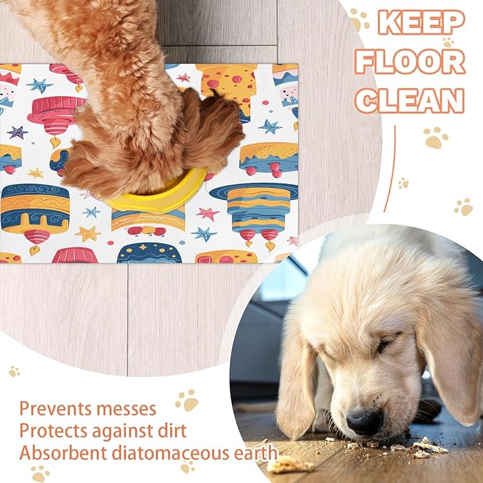 Cake Dog Food Mat for Floors Absorbent Dog Bowl Mat for Food and Water Dispenser Quick Dry Cat Food Placemat Pet Supplies 24" x 32", Dessert Food