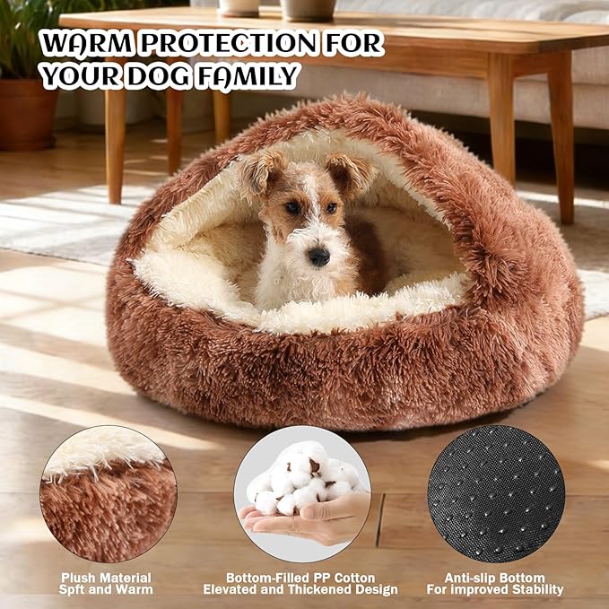 NOYAL Round Hooded Donut Dog Bed for Small & Medium Pets - Plush Fluffy Anti-Anxiety Cat Cave Bed with Cover