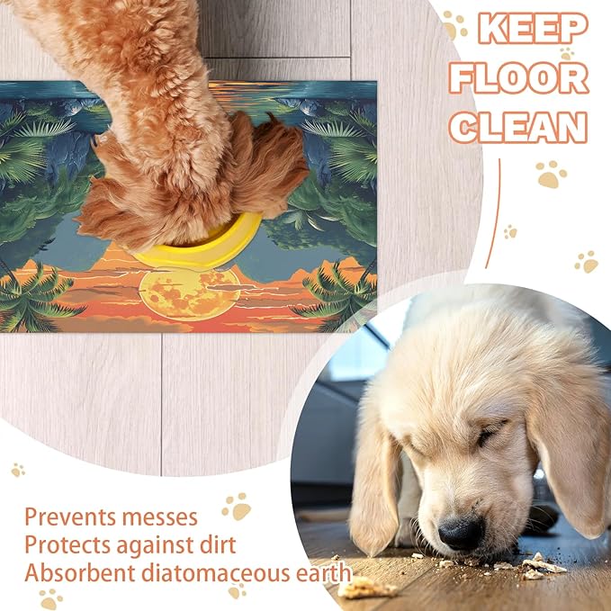 Sea Mountain Dog Food Mat for Floors Absorbent, Quick Dry Water Dispenser Mat for Food, Water, Pet Supplies 12" x 20", Palm Tree