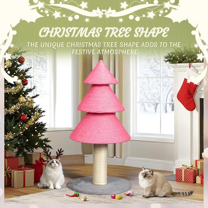 Outvita 31.5in Christmas Tree Cat Scratcher, Cat Scratching Post for Indoor Cats, Large Sisal Cat Scratching Tree Cat Scratch Tower, Pink