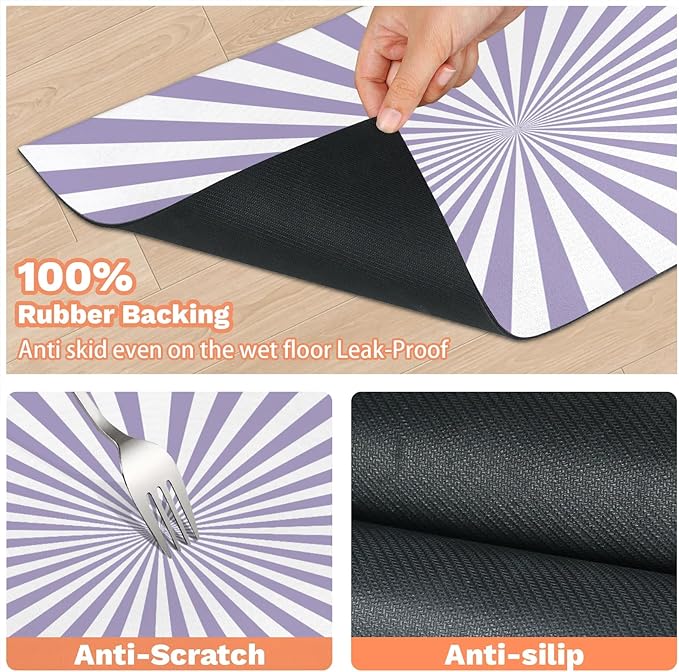 Striped Dog Food Mat for Floors Absorbent, Quick Dry Water Dispenser Mat for Food, Water, Pet Supplies 12" x 20", White Purple