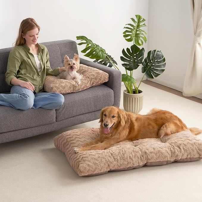 EHEYCIGA Washable Small Dog Bed for Crate 23x18 Inch, Reversible Kennel Pad for Puppy Weight Up to 25 lbs, Plush and Comfy Pet Sleeping Mat, Camel