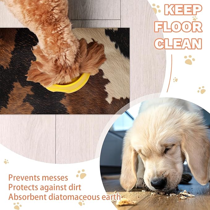 Cow Print Dog Food Mat for Floors Absorbent Dog Bowl Mat for Food and Water Dispenser Quick Dry Cat Food Placemat Pet Supplies 17" x 30", Farm Skin