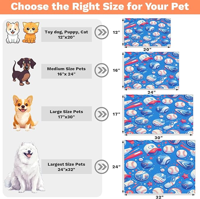 Baseball Dog Food Mat for Floors Absorbent, Quick Dry Water Dispenser Mat for Food, Water, Pet Supplies 12" x 20", 4th of July