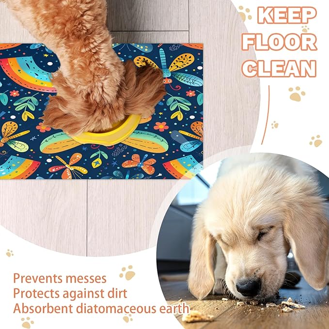 Colorful Dragonfly Dog Food Mat for Floors Absorbent, Quick Dry Water Dispenser Mat for Food, Water, Pet Supplies 16" x 24", Spring Flower