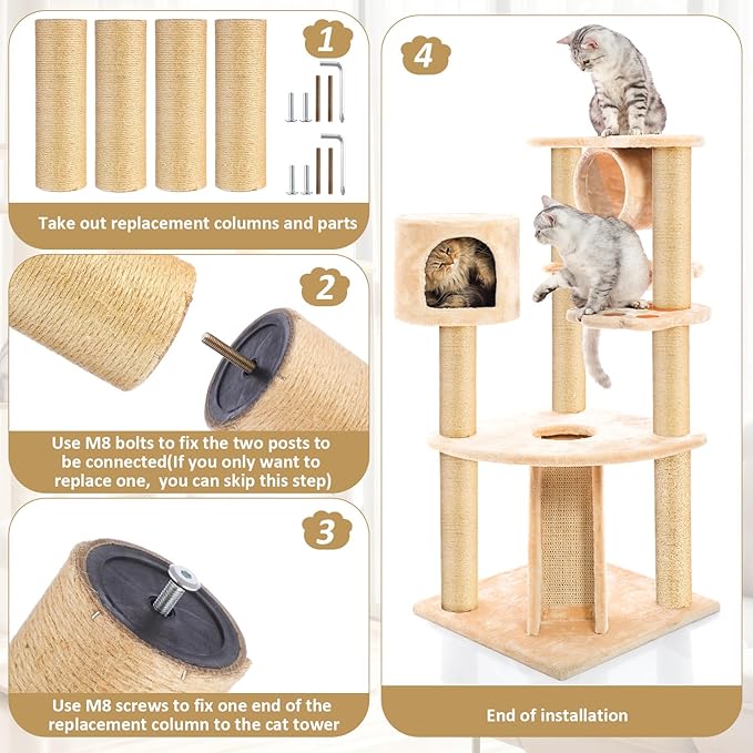 4 Pcs M8 Cat Scratching Post Replacement 11.8x3.5'' Sisal Pole Cat Tree Climbing Post Replacement with Screw, Refill Scratcher Pole for Indoor Kitten Tree Tower Spare Pet Furniture Protector