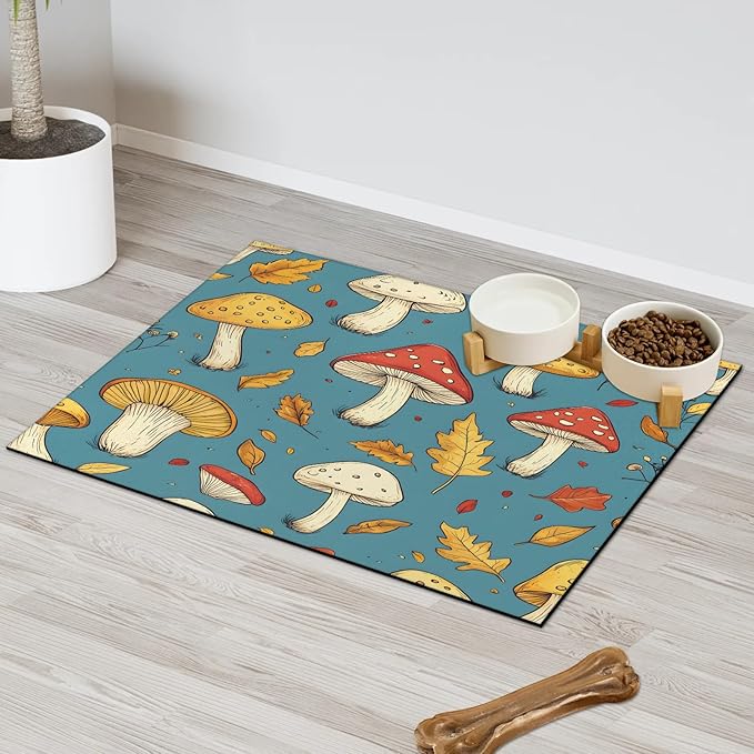 Mushroom Dog Food Mat for Floors Absorbent Dog Bowl Mat for Food and Water Dispenser Quick Dry Cat Food Placemat Pet Supplies 24" x 32", Leaves
