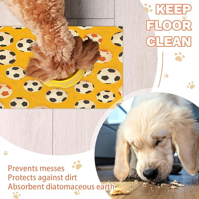Soccer Ball Dog Food Mat for Floors Absorbent, Quick Dry Water Dispenser Mat for Food, Water, Pet Supplies 16" x 24", Sports Theme