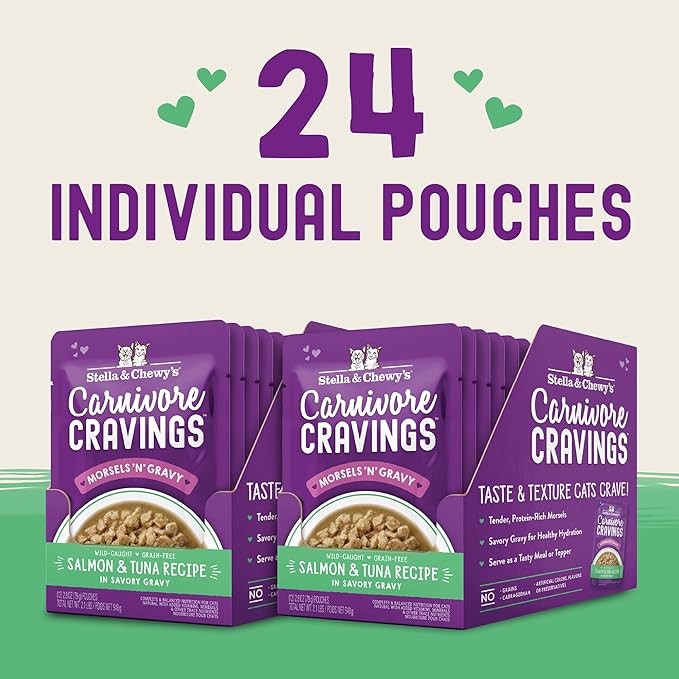 Stella & Chewy's Carnivore Cravings Wet Cat Food Pouches - Premium Salmon & Tuna Recipe - Grain-Free Morsels & Gravy - Perfect for Picky Eaters - Complete Meal or Topper - 2.8oz, 24-Pack