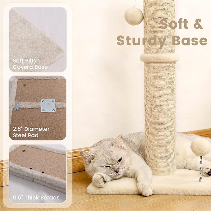 33" Tall Cat Scratching Post, 3-in-1 Durable Sisal Vertical Cat Scratcher Post with Hanging Ball, Sturdy Cat Scratch Pole with Soft Fabric Base for Indoor Cats at All Ages, Beige