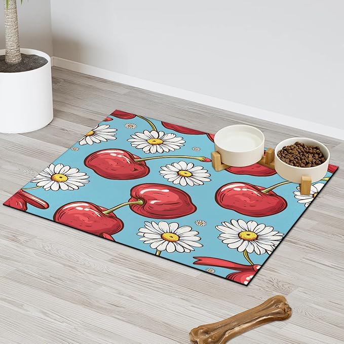 Cherry Dog Food Mat for Floors Absorbent Dog Bowl Mat for Food and Water Dispenser Quick Dry Cat Food Placemat Pet Supplies 16" x 24", Daisy Flowers
