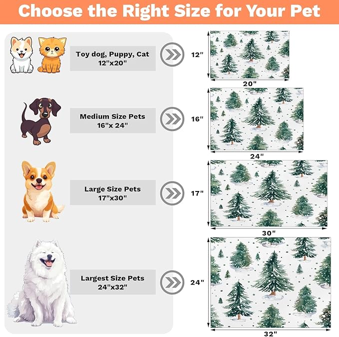 Christmas Tree Dog Food Mat for Floors Absorbent, Quick Dry Water Dispenser Mat for Food, Water, Pet Supplies 16" x 24", Winter Xmas