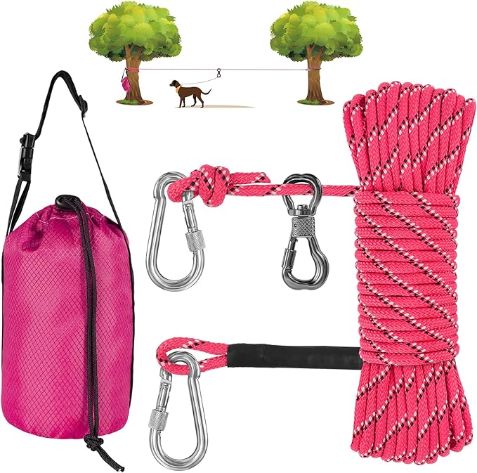 XiaZ Dog Tie Out Cable for Camping, 50ft Portable Overhead Trolley System for Dogs up to 200lbs，Dog Lead for Yard, Camping, Parks, Outdoor Events,5 min Set-up