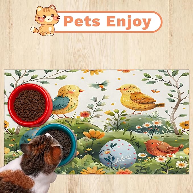 Easter Eggs Dog Food Mat for Floors Absorbent Dog Bowl Mat for Food and Water Dispenser Quick Dry Cat Food Placemat Pet Supplies 12" x 20", Floral Bird