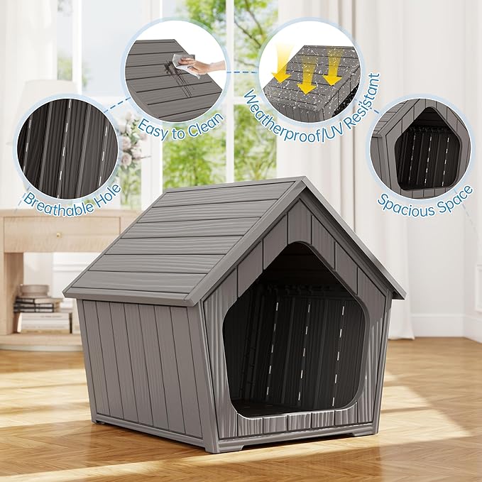 Fancyango Dog House Outdoor Indoor for Small Dogs - Plastic Pet Shelter, Easy-Assemble & Weather-Resistant for Living Room, Balcony (Classic Grey, 23.43" L×22.44" W×22.24" H)
