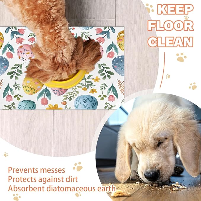 Easter Eggs Dog Food Mat for Floors Absorbent Dog Bowl Mat for Food and Water Dispenser Quick Dry Cat Food Placemat Pet Supplies 24" x 32", Colorful Floral