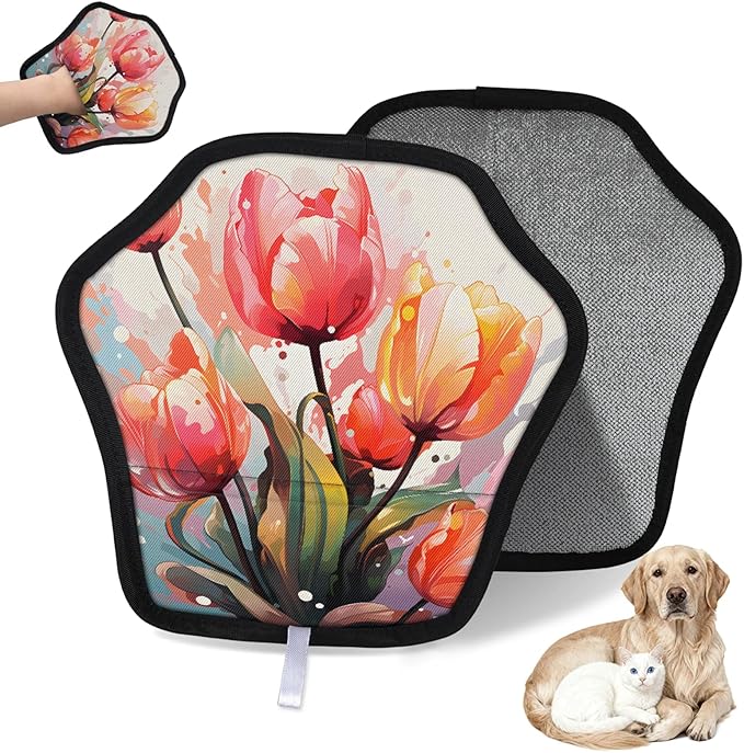 Reusable Pet Hair Removal Glove Watercolor Tulip Flowers Magic Brush for Cat & Dog Hair Remover for Car, Sofa, Bedding, Clothes - 9x9 Mitt Washable