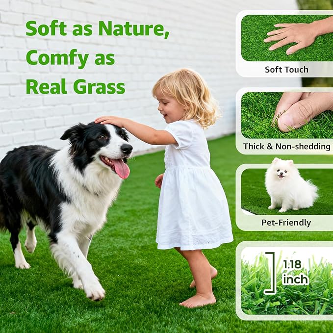 Artificial Turf Grass Outdoor - Synthetic Realistic Fake Grass Indoor Turf Rug with Drainage Holes for Patio, Balcony, Backyard, Landscape Decoration - Pet Friendly Dog Grass Mat (6FT x 10FT)