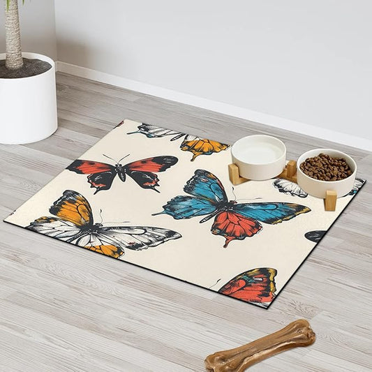 Colorful Butterfly Dog Food Mat for Floors Absorbent, Quick Dry Water Dispenser Mat for Food, Water, Pet Supplies 12" x 20", Watercolor Animal