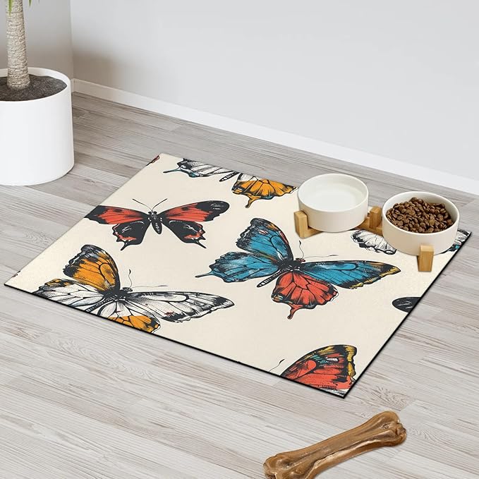 Colorful Butterfly Dog Food Mat for Floors Absorbent, Quick Dry Water Dispenser Mat for Food, Water, Pet Supplies 16" x 24", Watercolor Animal
