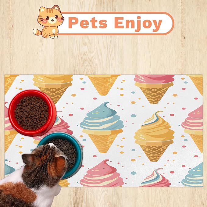 Ice Cream Dog Food Mat for Floors Absorbent Dog Bowl Mat for Food and Water Dispenser Quick Dry Cat Food Placemat Pet Supplies 24" x 32", Colorful Dot