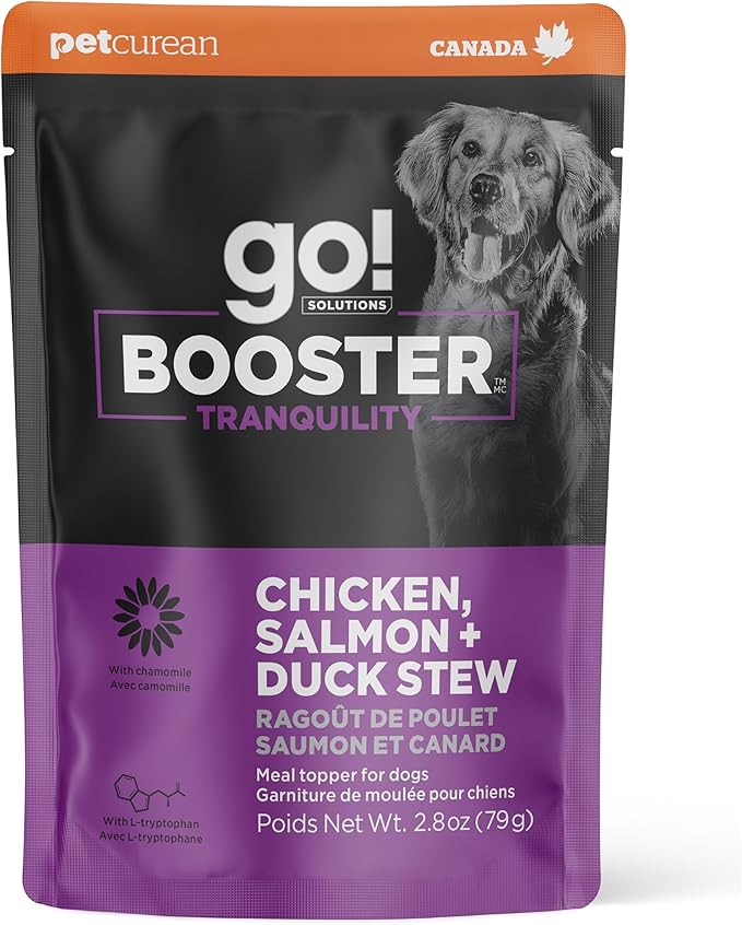 Go! Solutions Tranquility Chicken, Salmon + Duck Stew Gravy Topper for Dry Food with Broth, Healthy Wet Dog Treat to Support a Happy Mood, for Puppies, Adults, & Seniors, 2.8 oz Pouch (12 Pack)