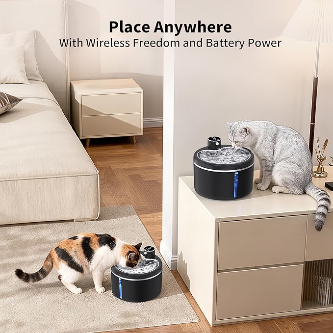 Cat Water Fountain Cordless, 108oz/3L Pet Fountains for Cats Indoor with Stainless Steel Tray, Battery Operated Cat Drinking Fountain with Motion Sensor, Ultra Quiet Pump (Black)