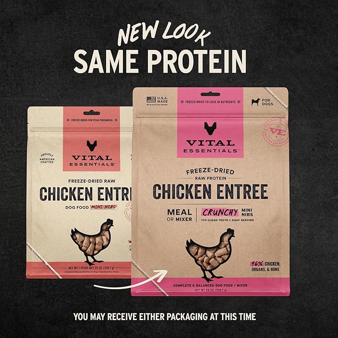 Vital Essentials Freeze Dried Dog Food, Raw Chicken Crunchy Mini Nibs | Complete Meal or Topper | 96% Chicken, Organs & Bone | High Protein, Limited Ingredient, Grain Free Dry Dog Food | 25 oz Bag