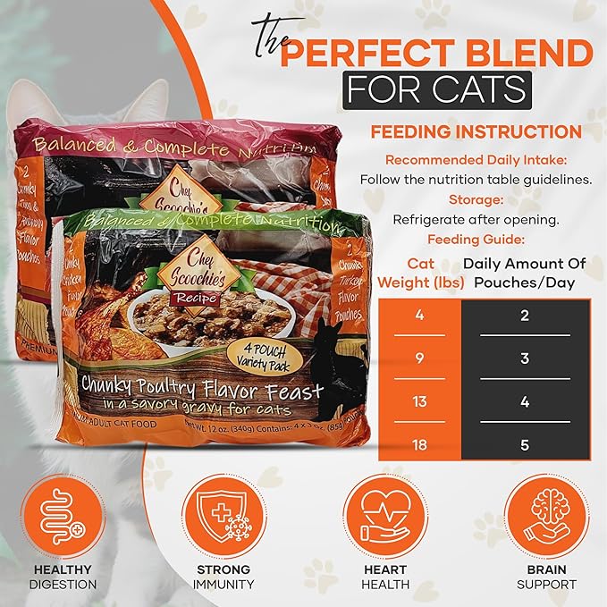 Scoochie Pet Products Chef Scoochie's Gourmet Wet Cat Food Variety Pack with Natural Poultry & Seafood Flavors - Tender Chunks in Gravy Cat, 16 Individual Pouches (3oz Each 8 Pouches of Each Flavor)