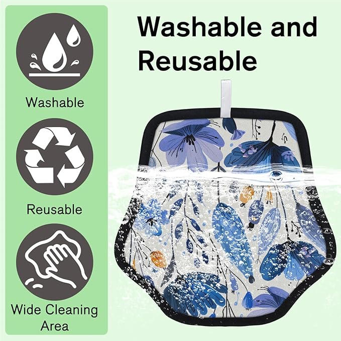 Reusable Pet Hair Removal Glove Blue Flowers Floral Magic Brush for Cat & Dog Hair Remover for Car, Sofa, Bedding, Clothes - 9x9 Mitt Washable