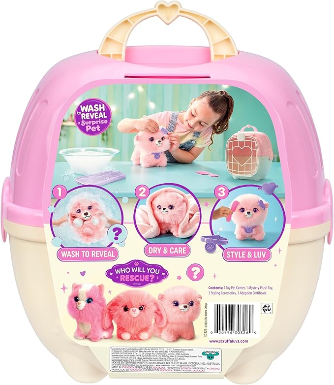 SCRUFFALUVS Pink Surprise Pet, Mystery Plush Toys, Stuffed Animals, Wash to Reveal 1 of 3 Rescue Surprise Toy Pets: Puppy, Bunny, or Kitty - Includes 8.7" Deluxe Carrier - Styles May Vary