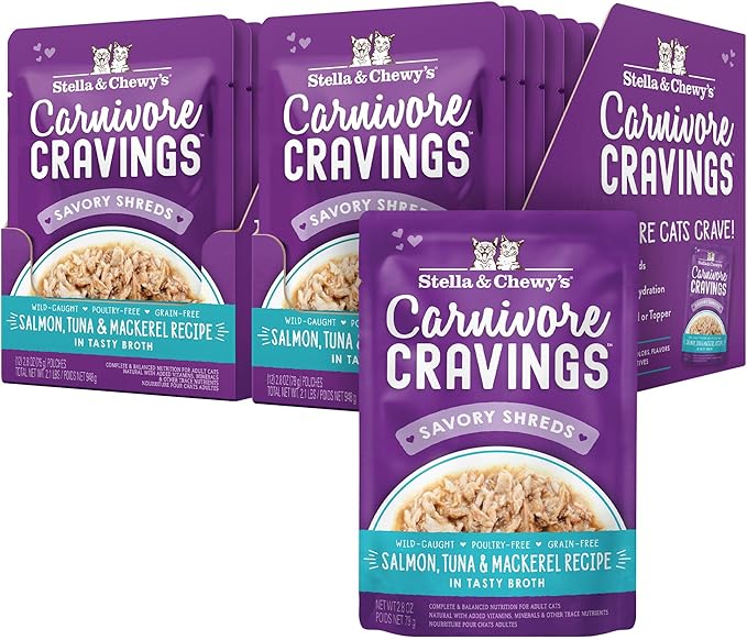 Stella & Chewy's Carnivore Cravings Wet Cat Food - Premium Pouches - Grain Free, High Protein Salmon, Tuna & Mackerel - Perfect For Picky Eaters - Complete Meal or Topper (2.8 oz, 24 Pack)